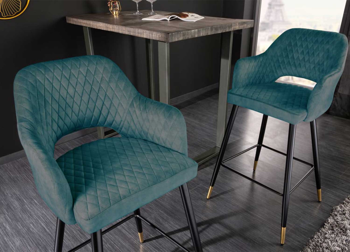 Tabouret de bar confortable en velours bleu pétrole