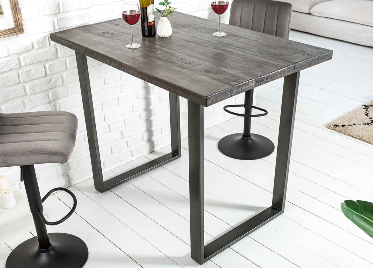 Table haute en bois massif et pied métal gris design