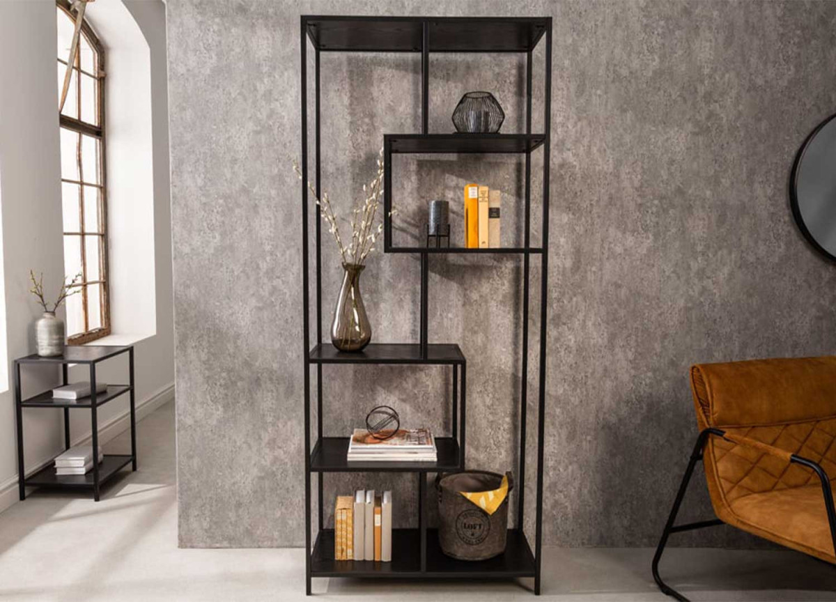 Meuble étagère haute bois frêne foncé et métal