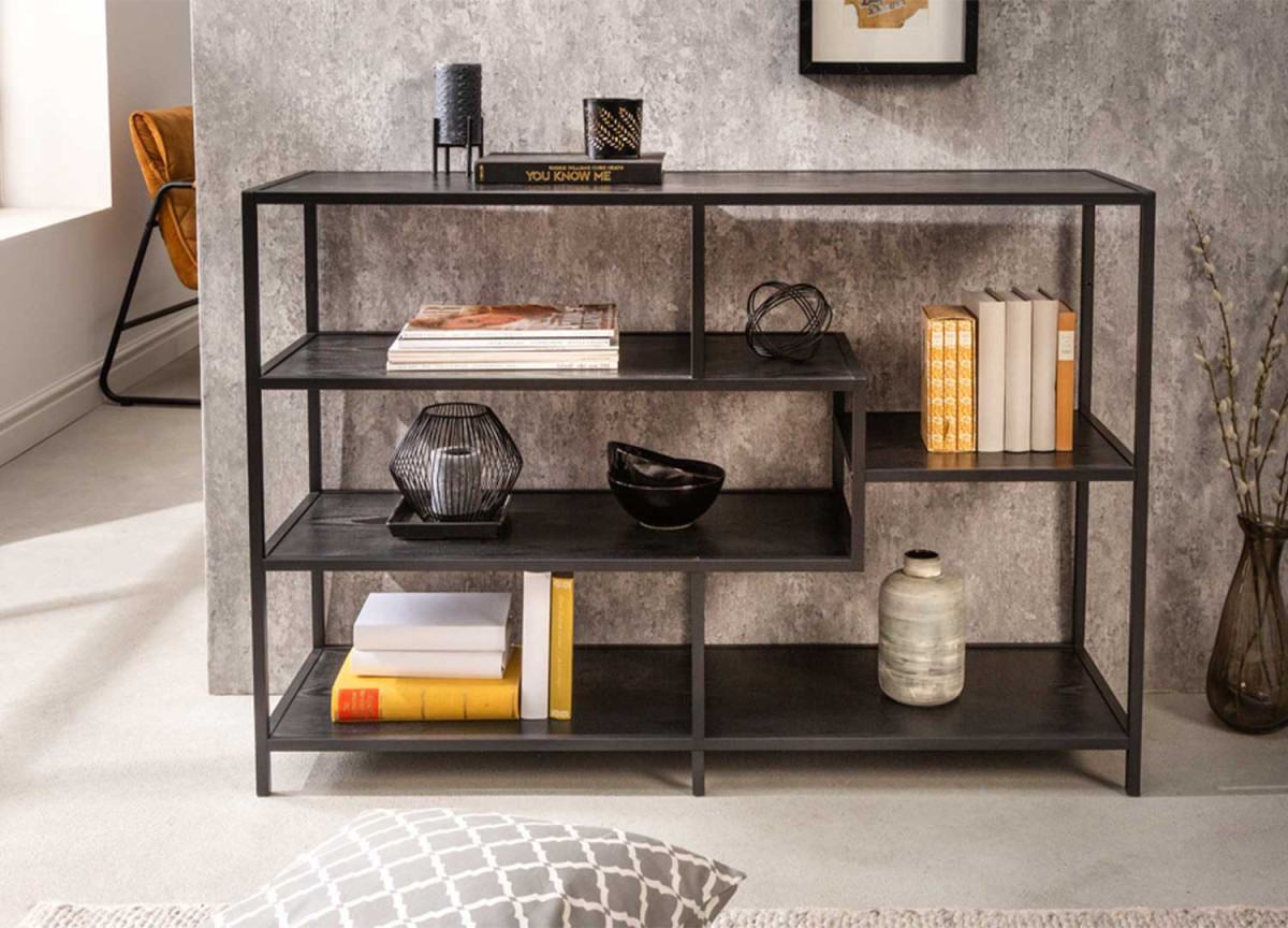 Meuble étagère bois de frêne foncé et métal