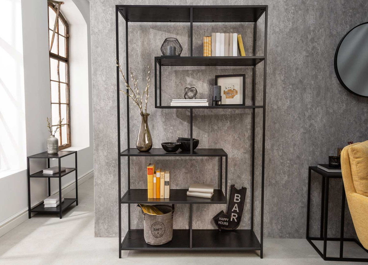 Bibliothèque étagère haute frêne foncé et métal
