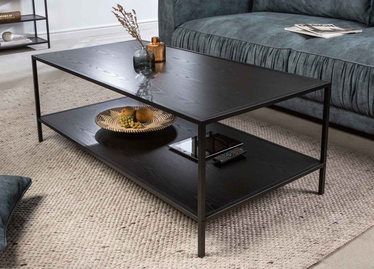 Table basse frêne foncé et métal noir mat 120 cm