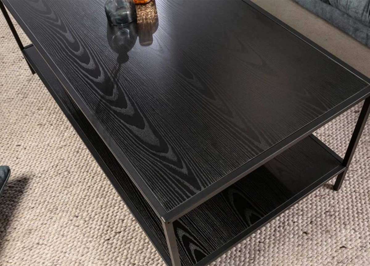 Table basse rectangulaire frêne foncé et métal noir mat 120 cm