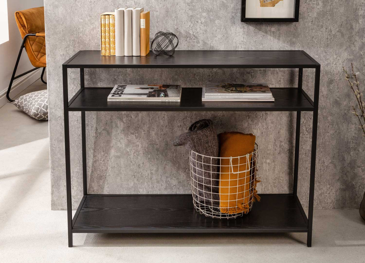 Table console en bois frêne foncé et métal noir