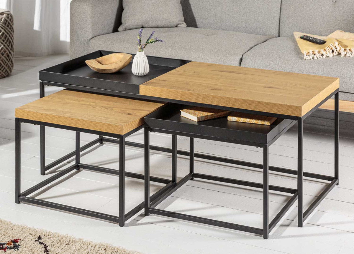 Table basse, une + deux emboîtables chêne et noir