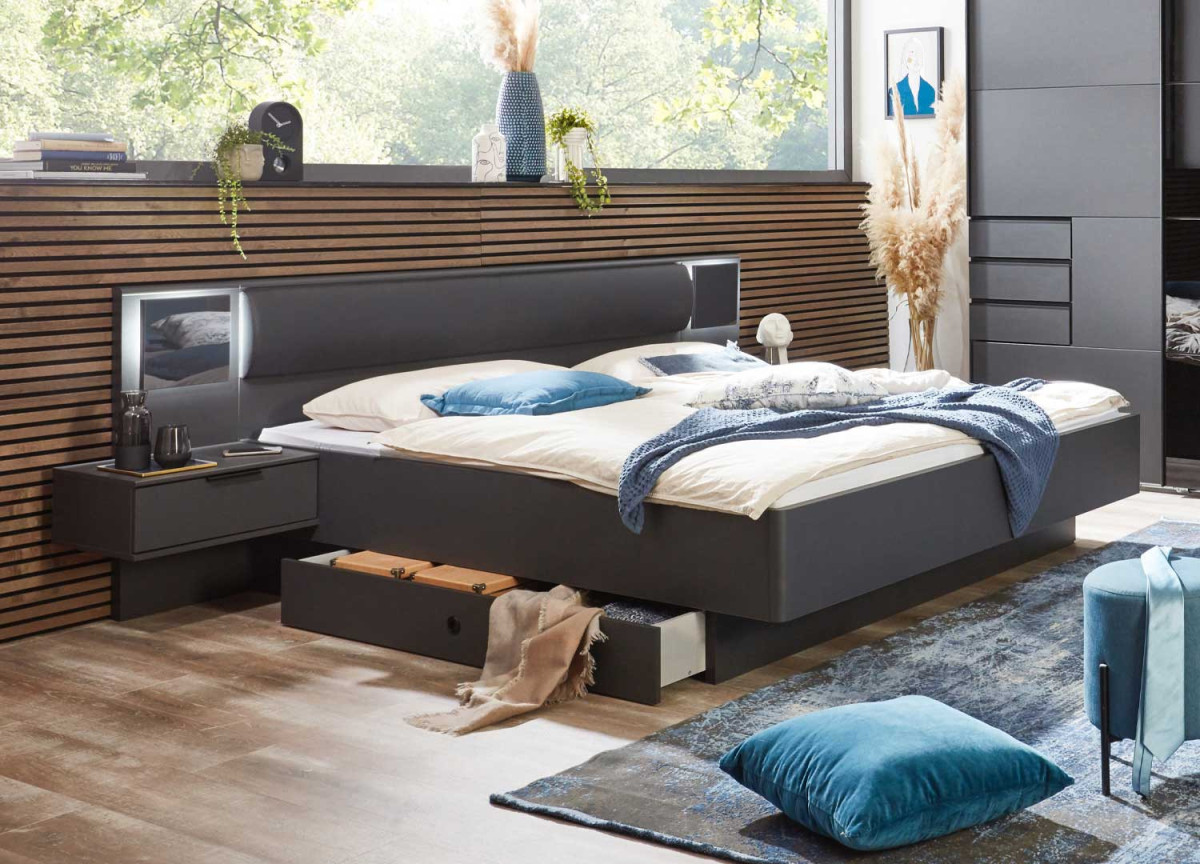 Lit adulte 160x200 avec tête de lit et éclairage LED
