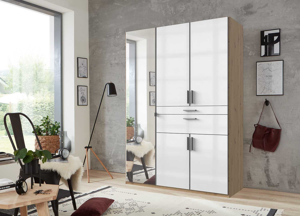 Armoire penderie miroir, rangement et tiroirs