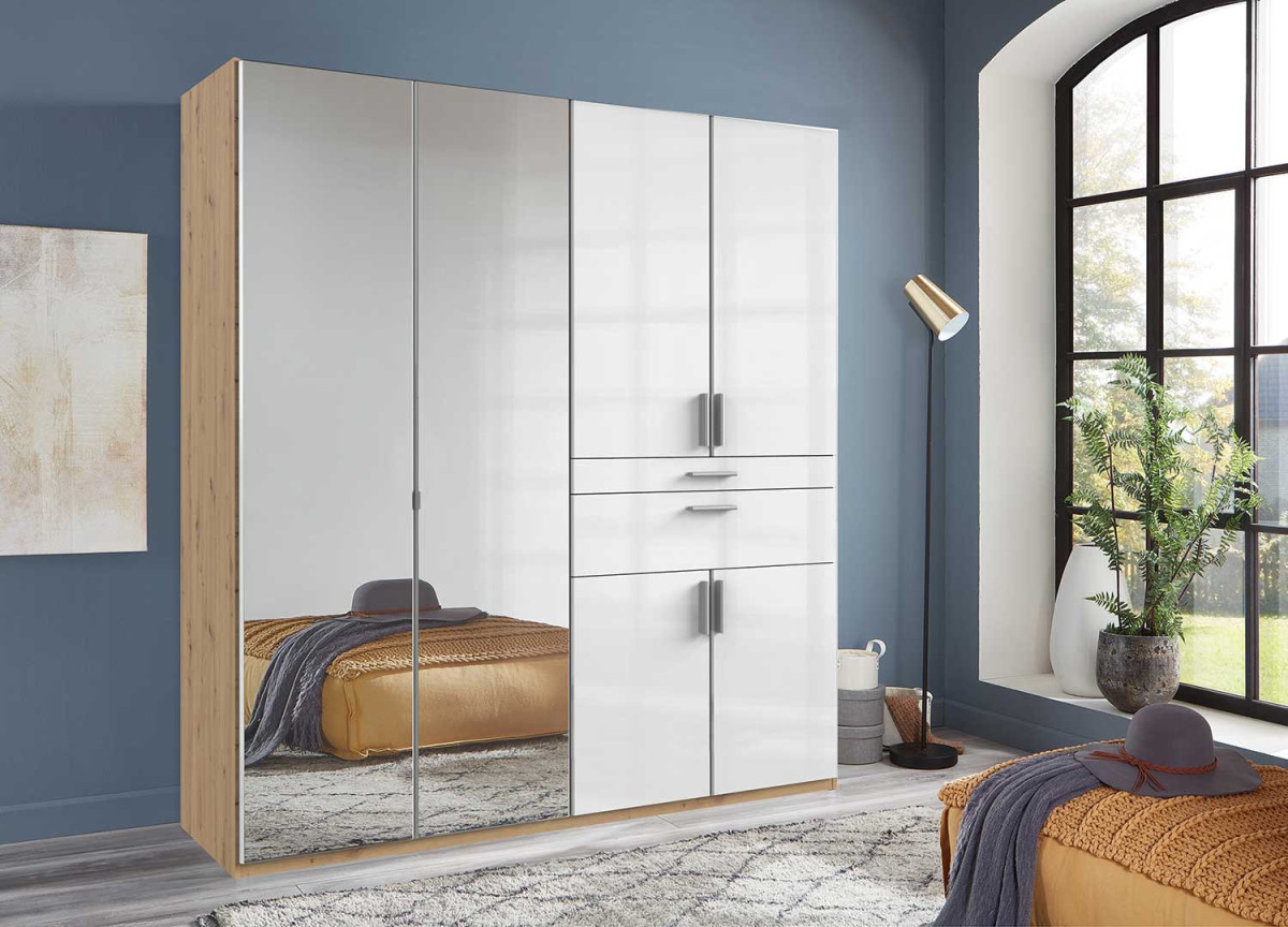 Armoire penderie miroir, rangement et tiroirs