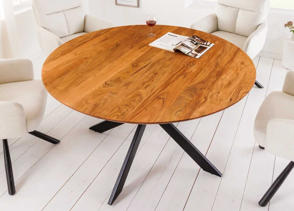 Table ronde en bois d'acacia et pied métal noir 130 cm style industriel
