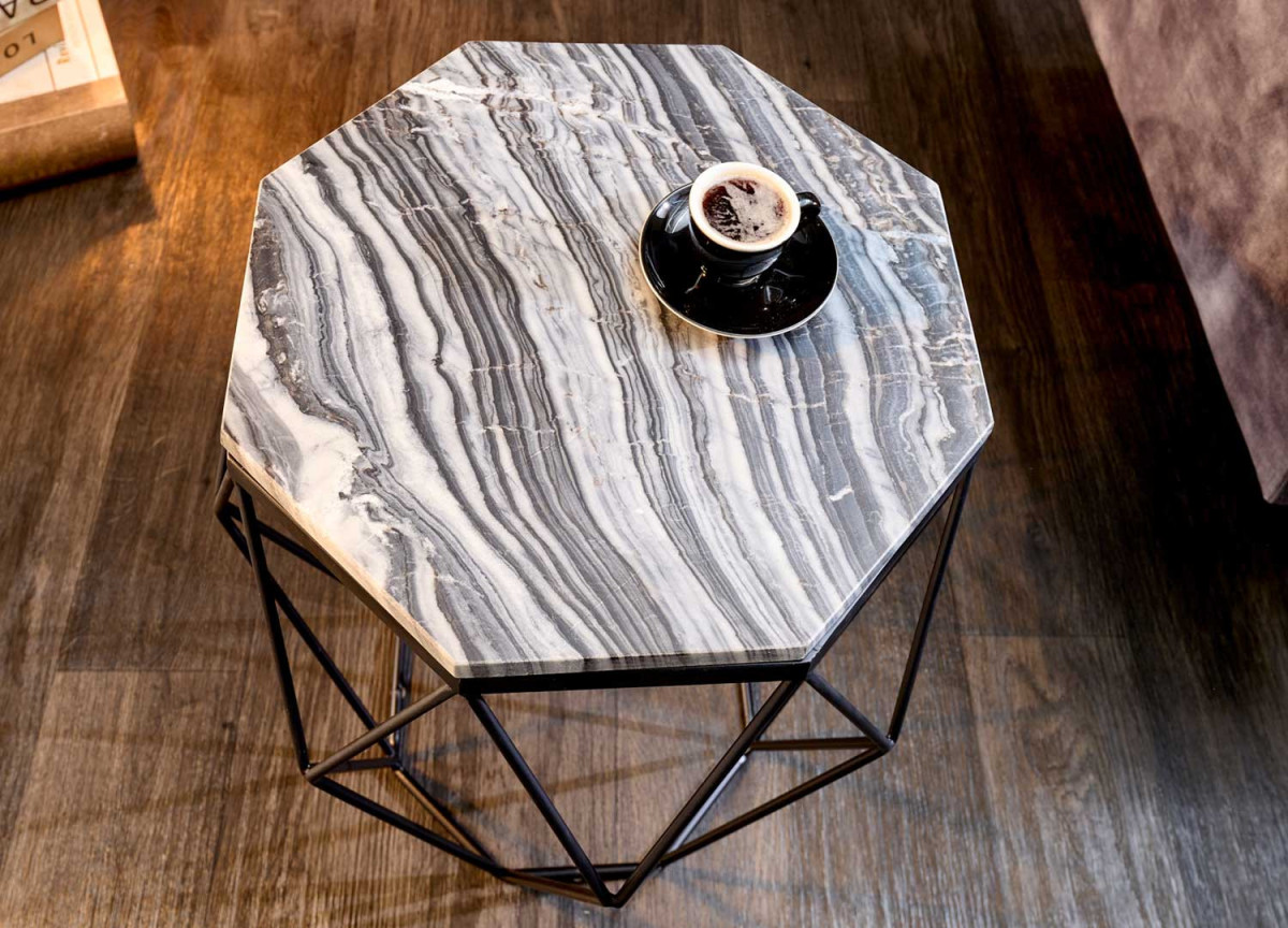 Bout de canapé haut en marbre gris et blanc