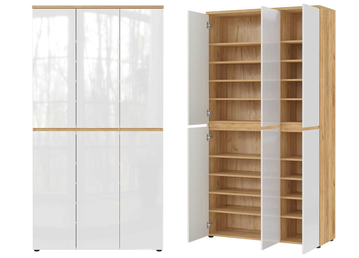 Armoire d'entrée blanche et bois, 20 rangements