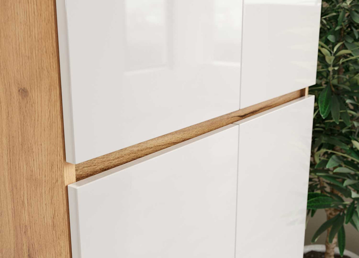 Armoire d'entrée blanche et bois, 20 rangements