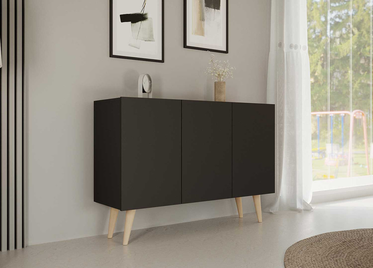 Buffet noir 3 portes 120 cm scandinave