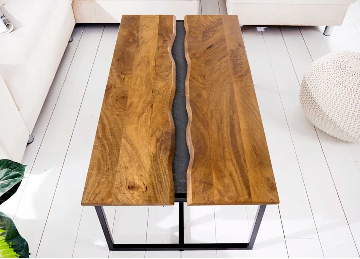 Table basse rectangulaire bois de manguier et métal noir moderne