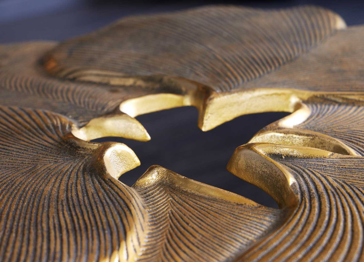 Table Basse Originale Feuille de Ginkgo en Métal Doré