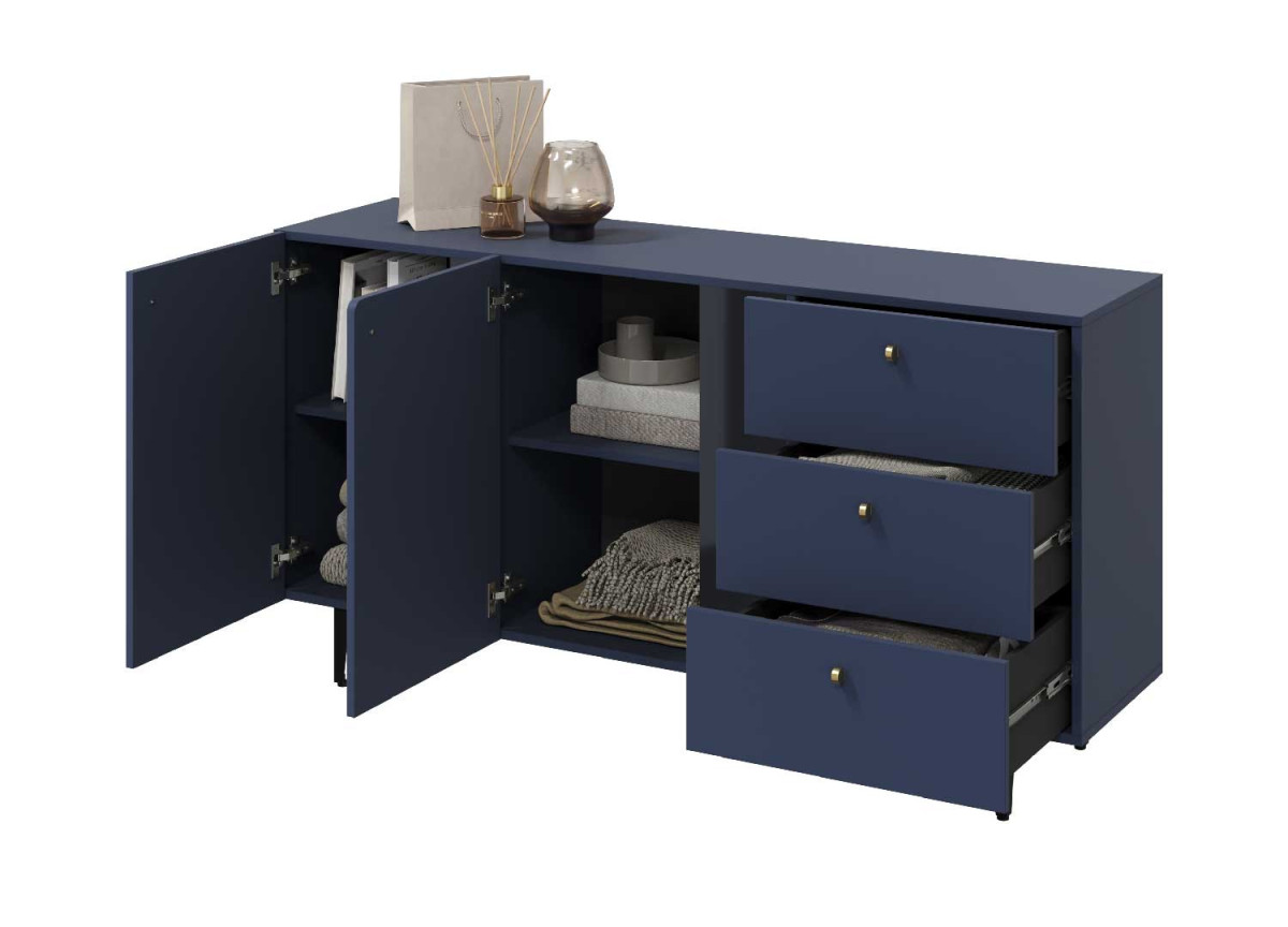 Meuble buffet bleu marine 2 portes 3 tiroirs