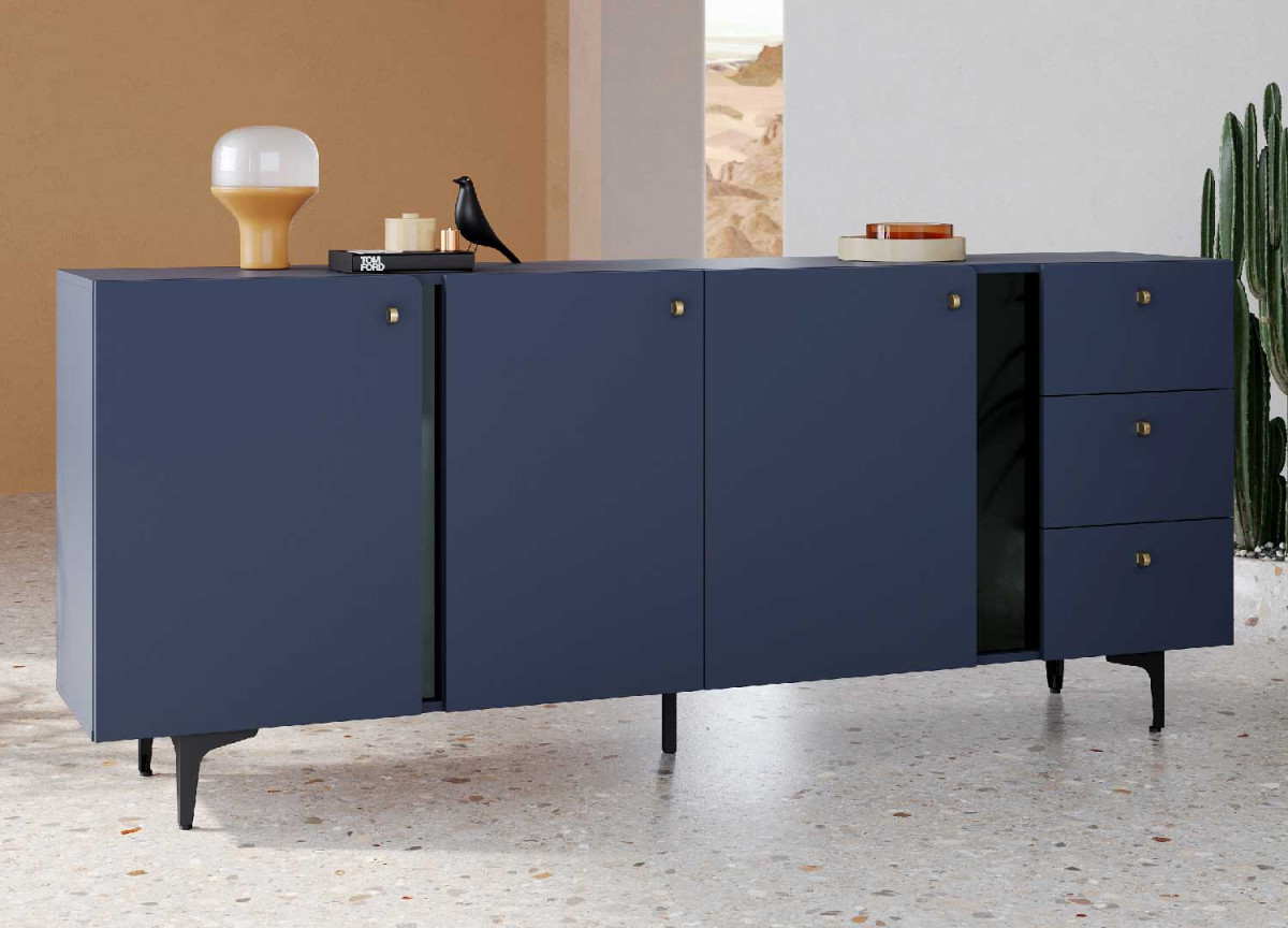 Meuble buffet bleu marine 3 portes 3 tiroirs