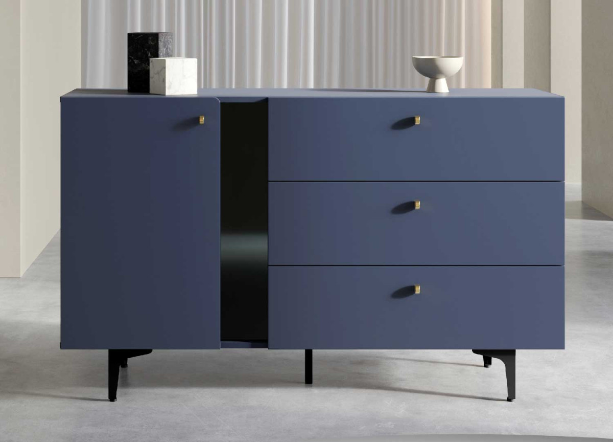 Buffet bleu marine 1 porte 3 tiroirs 138 cm