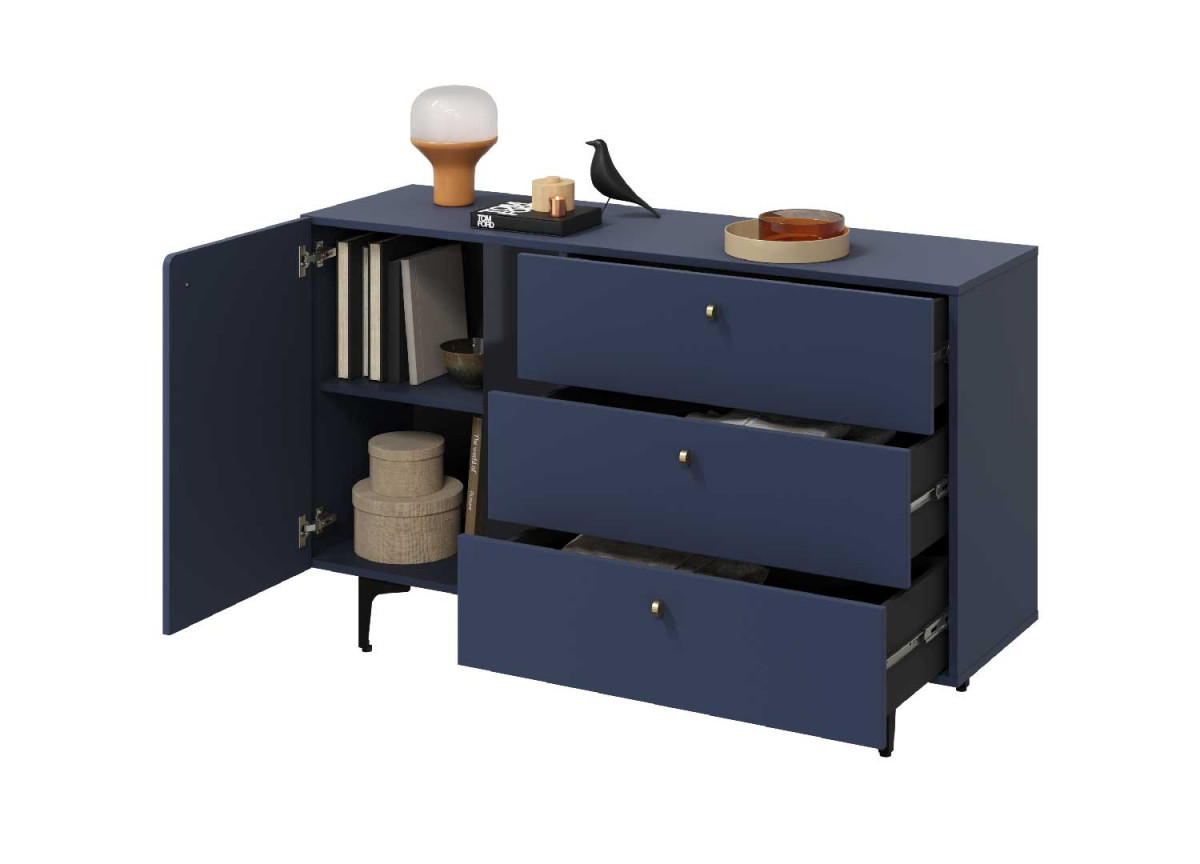 Buffet bleu marine 1 porte 3 tiroirs 138 cm