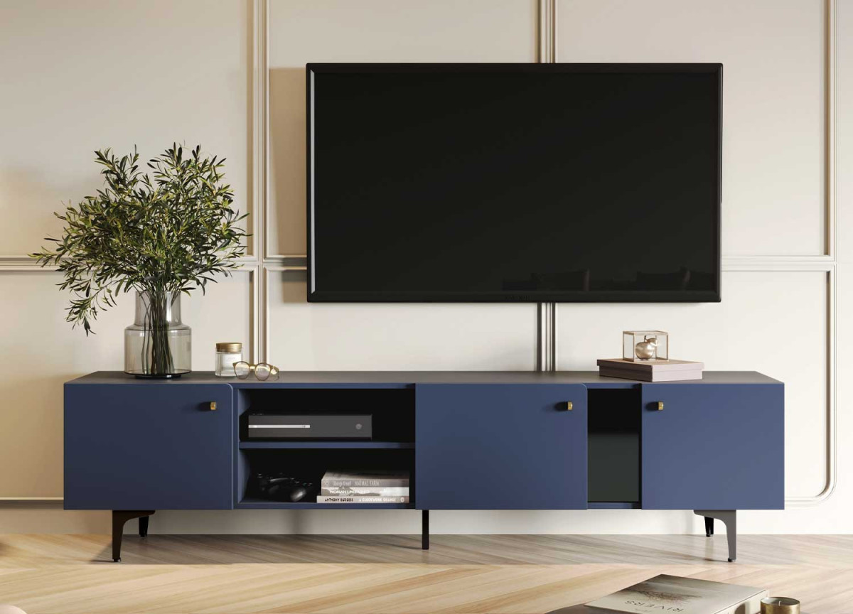 Meuble TV bleu marine 200 cm 3 portes 2 niches