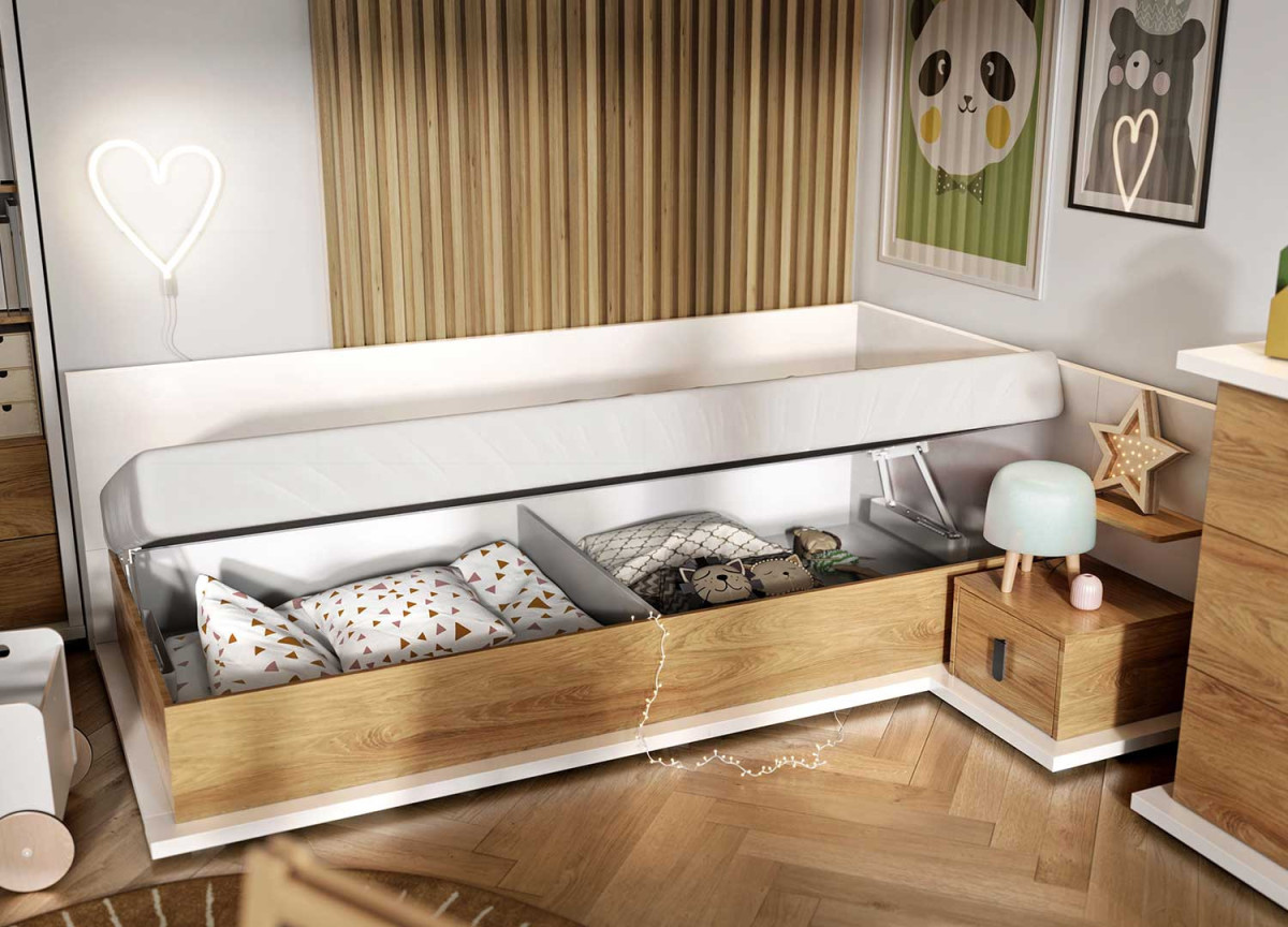Lit coffre levage à droite 90x200 avec sommier et matelas