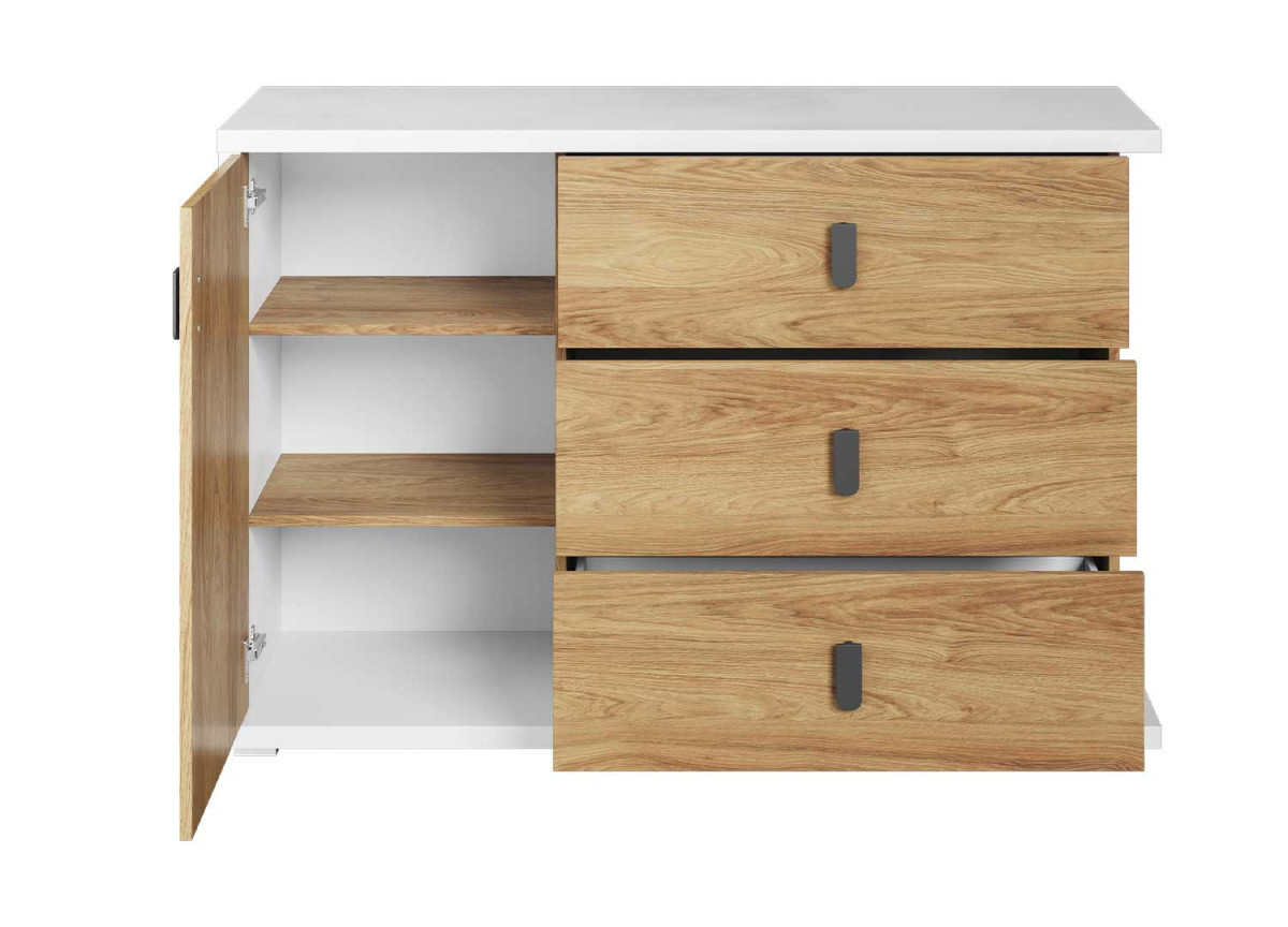 Commode blanche et bois 1 portes 3 tiroirs