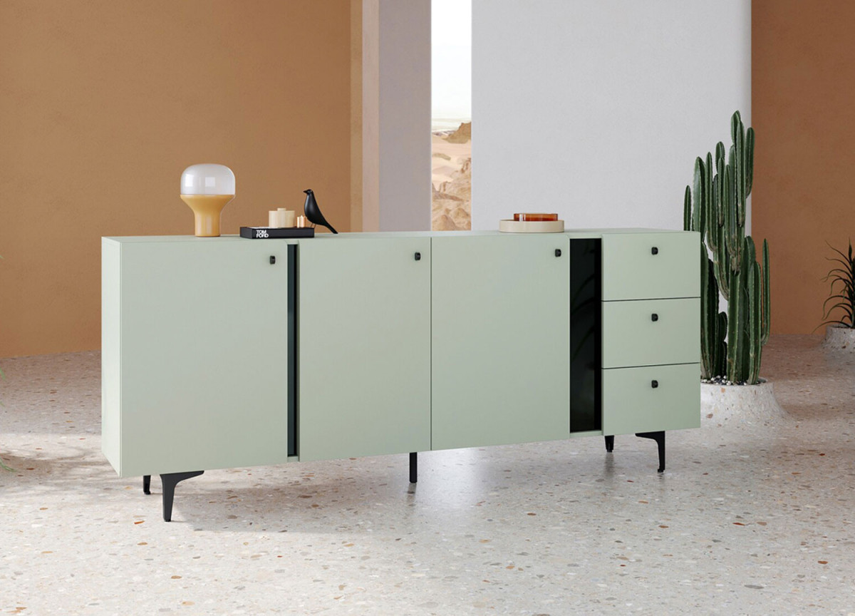 Buffet 3 portes 3 tiroirs coloris vert sauge