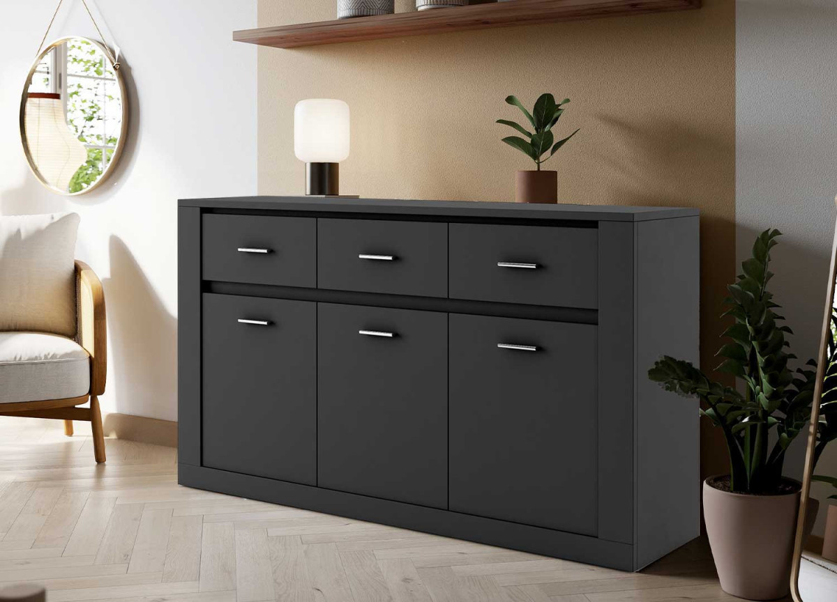 Buffet noir 3 portes 3 tiroirs 160 cm