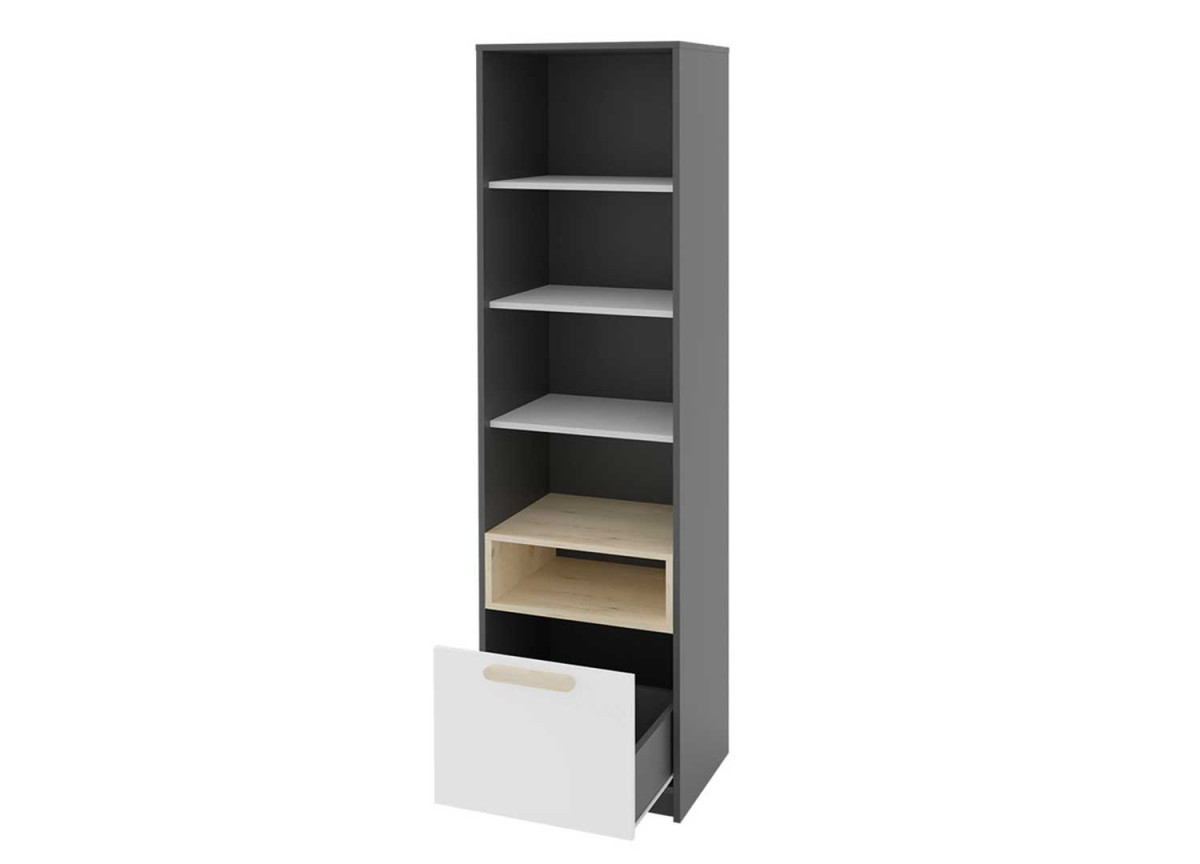 Meuble étagère ouverte grise, blanche et bois