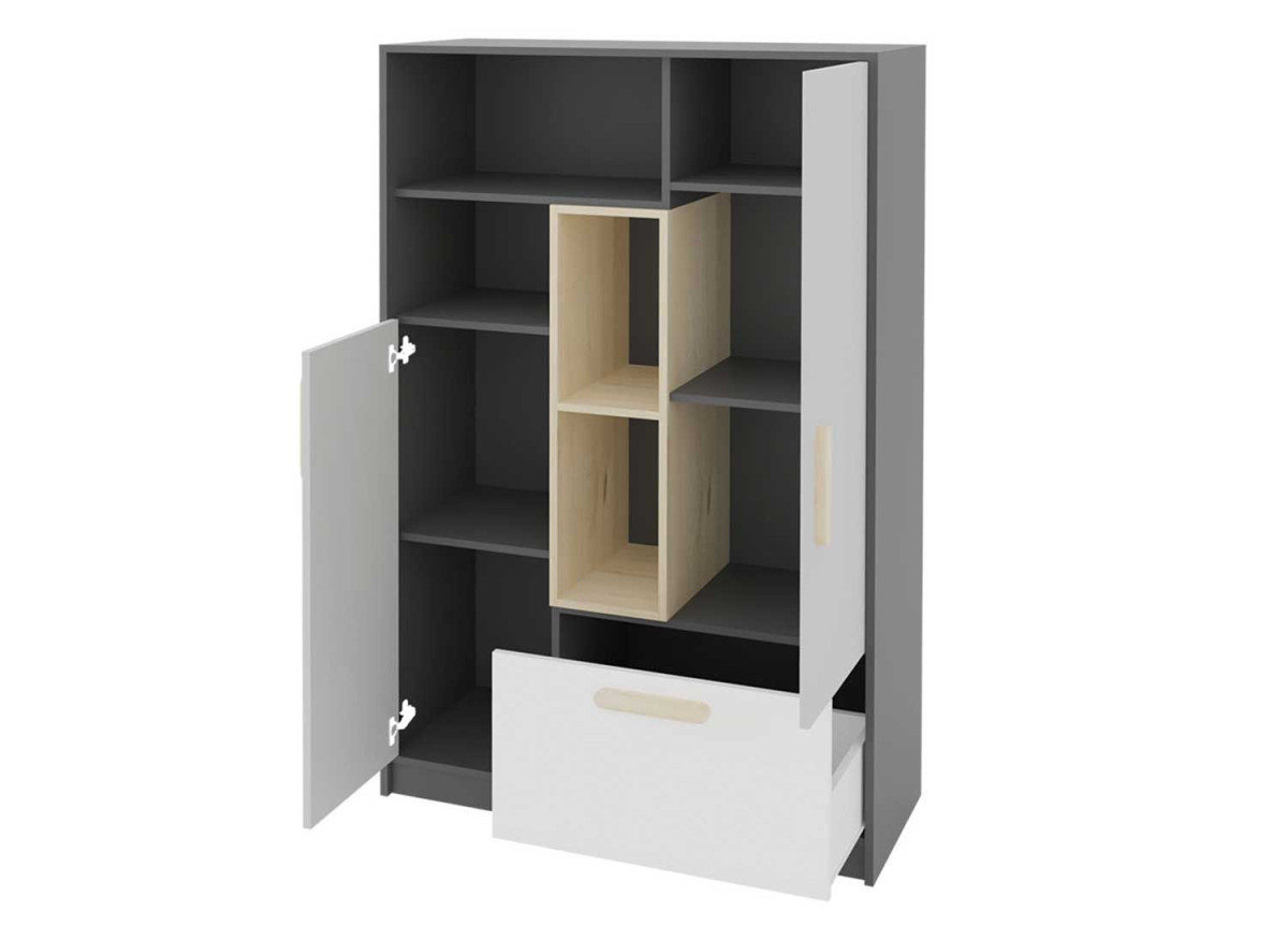 Meuble de rangement gris, blanc et bois