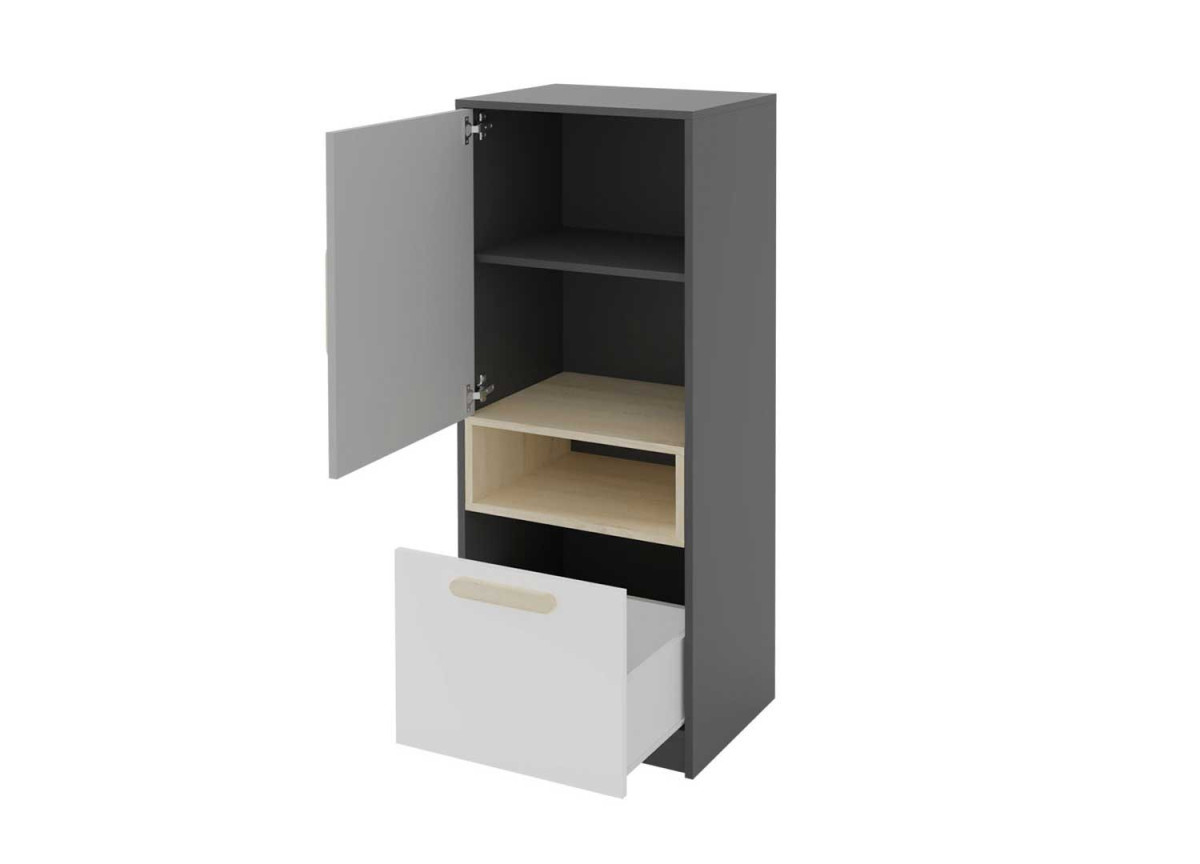 Petit meuble de rangement gris, blanc et bois