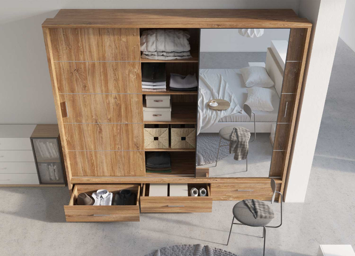 Grande armoire Chêne Stirling coulissante avec miroir