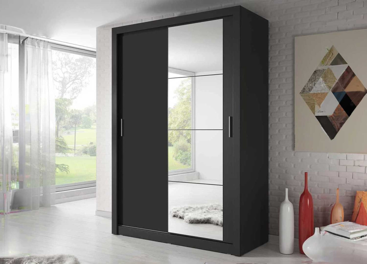 Armoire portes coulissantes noire avec miroir