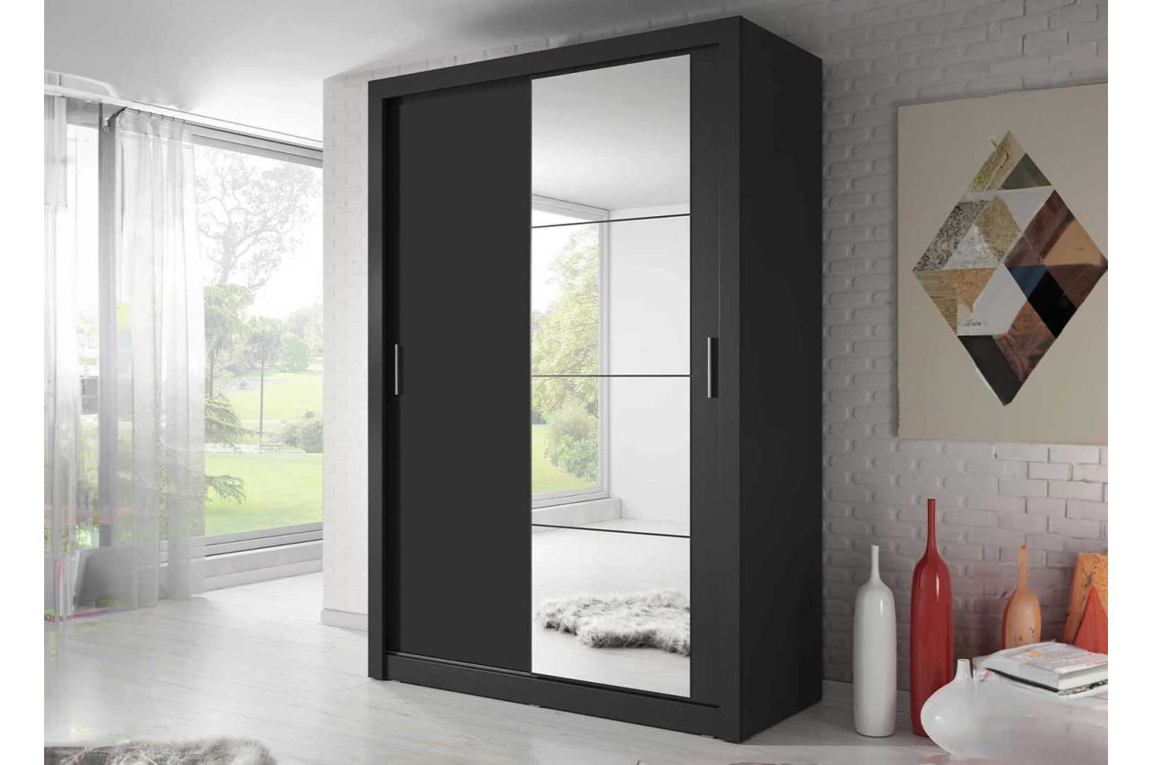 Armoire portes coulissantes noire avec miroir pour chambre adulte