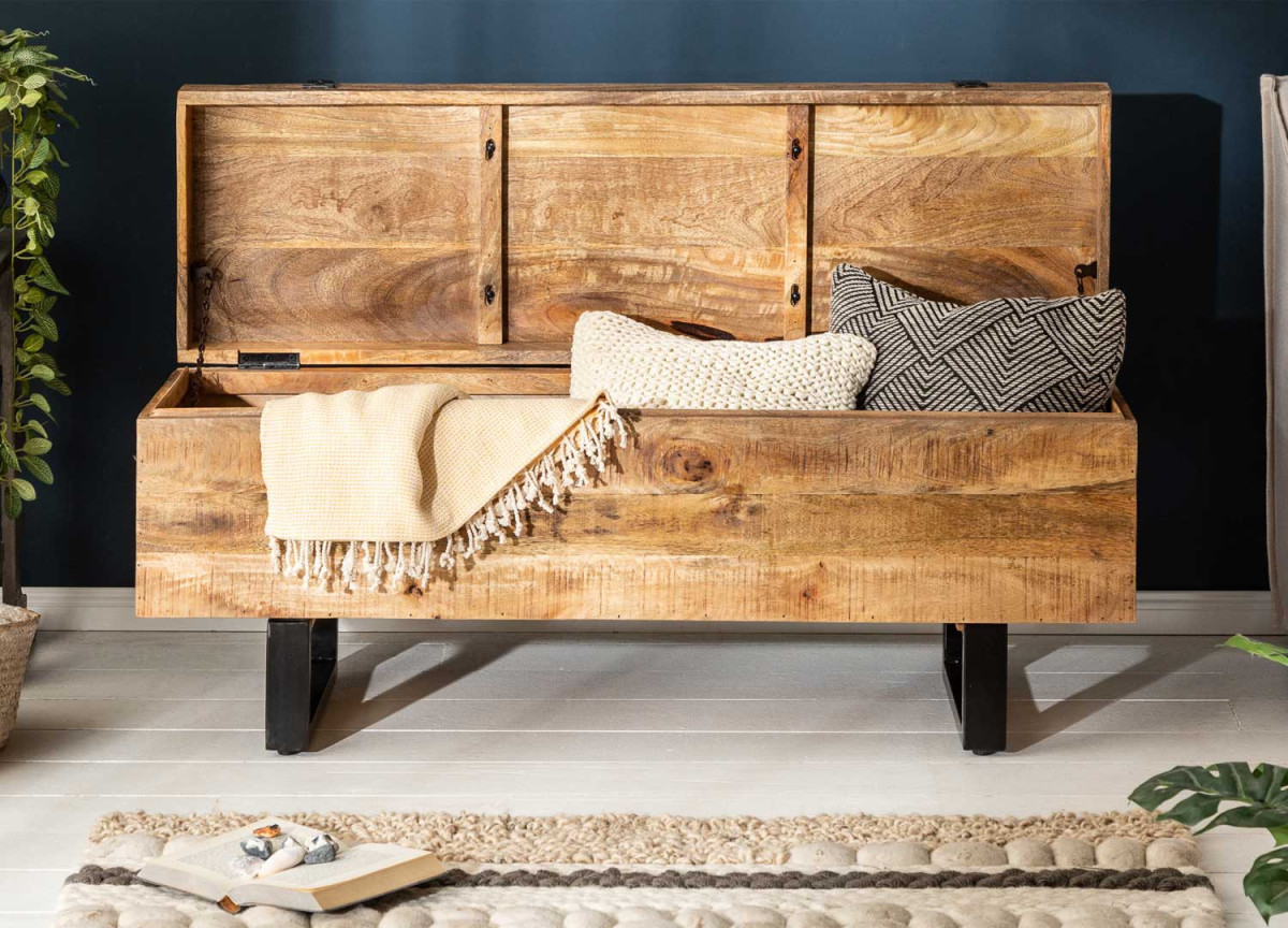 Banc coffre en bois original de manguier style industriel