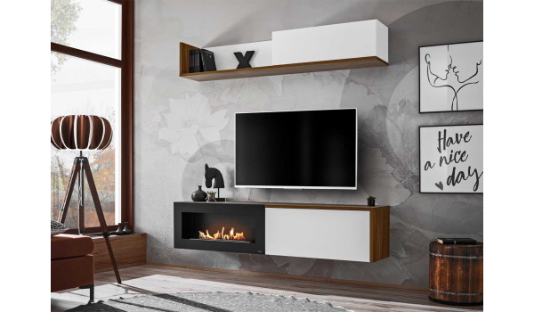 Meuble TV suspendu avec cheminée bio blanc et bois
