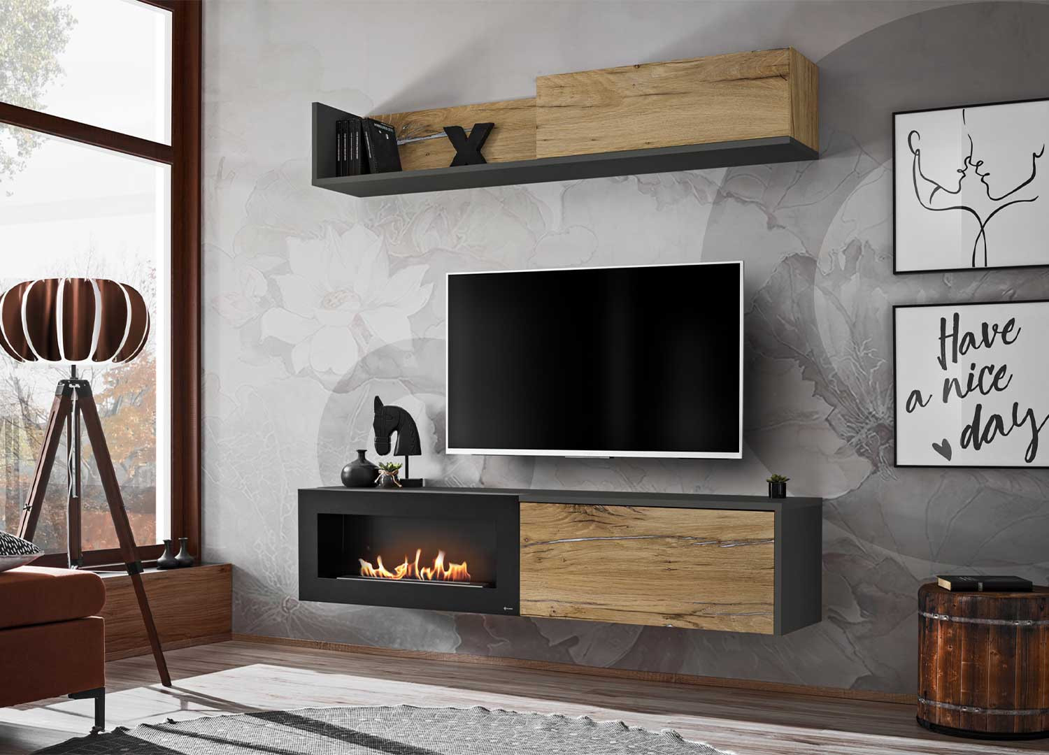 Meuble Télé mural avec cheminée bio éthanol pour salon