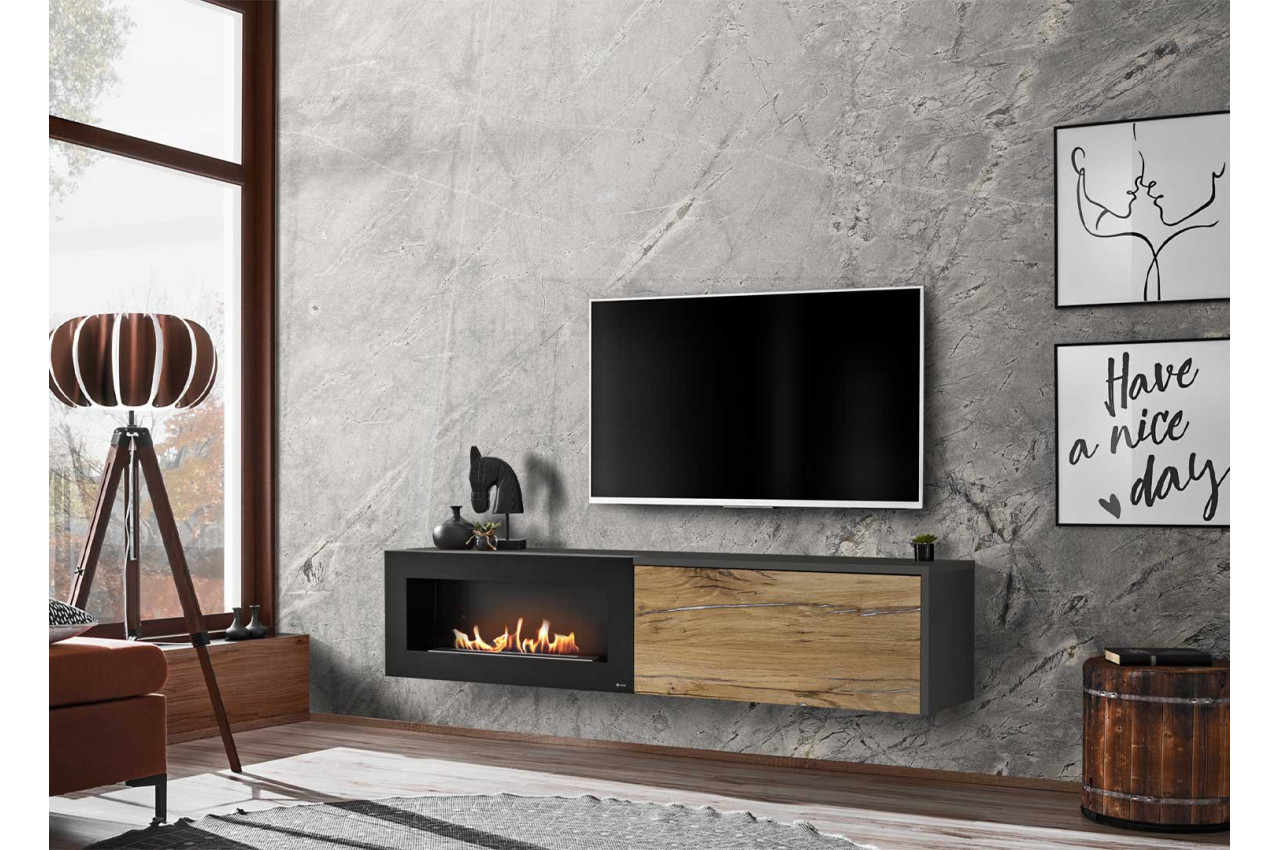 Meuble Télé mural avec cheminée éthanol pour salon
