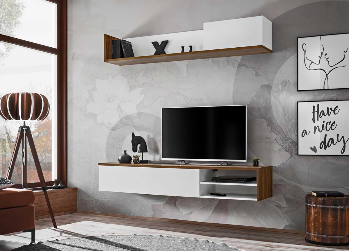 Meuble TV suspendu 180 cm blanc et bois