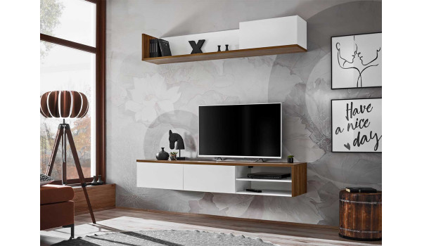 Meuble TV suspendu 180 cm blanc et bois