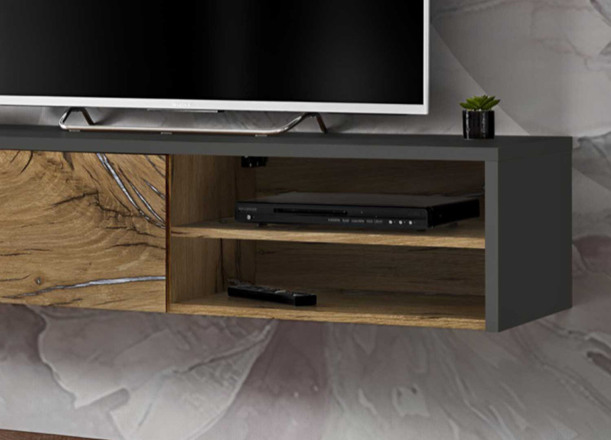 Meuble Télé mural gris anthracite et chêne 180 cm