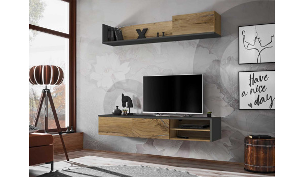 Meuble Télé mural gris anthracite et chêne 180 cm