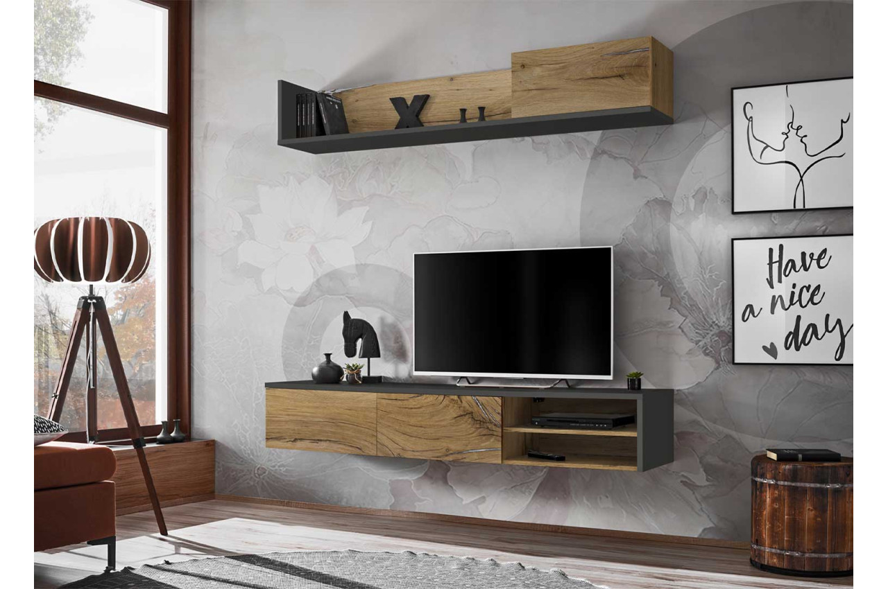 Meuble TV design mural suspendu en bois massif et métal pour salon