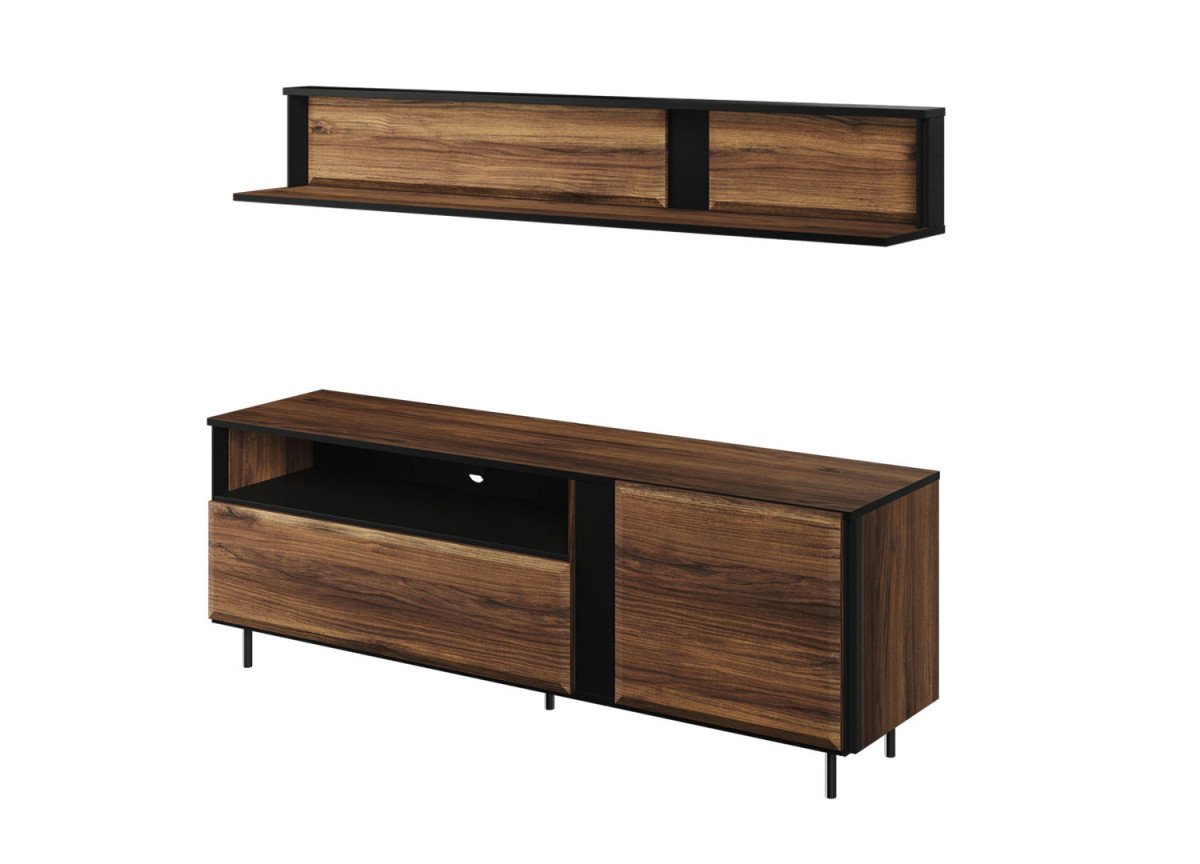 Meuble TV 155 cm chêne foncé et noir