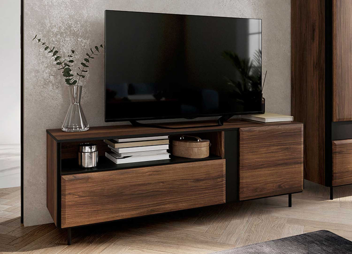 Meuble TV 155 cm chêne foncé et noir