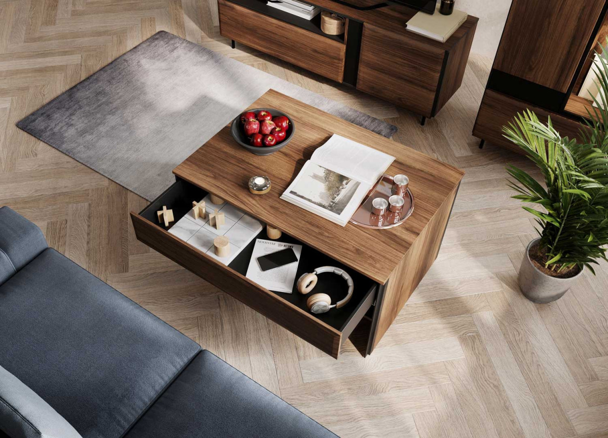 Table basse moderne avec rangement chêne foncé et noir rectangulaire