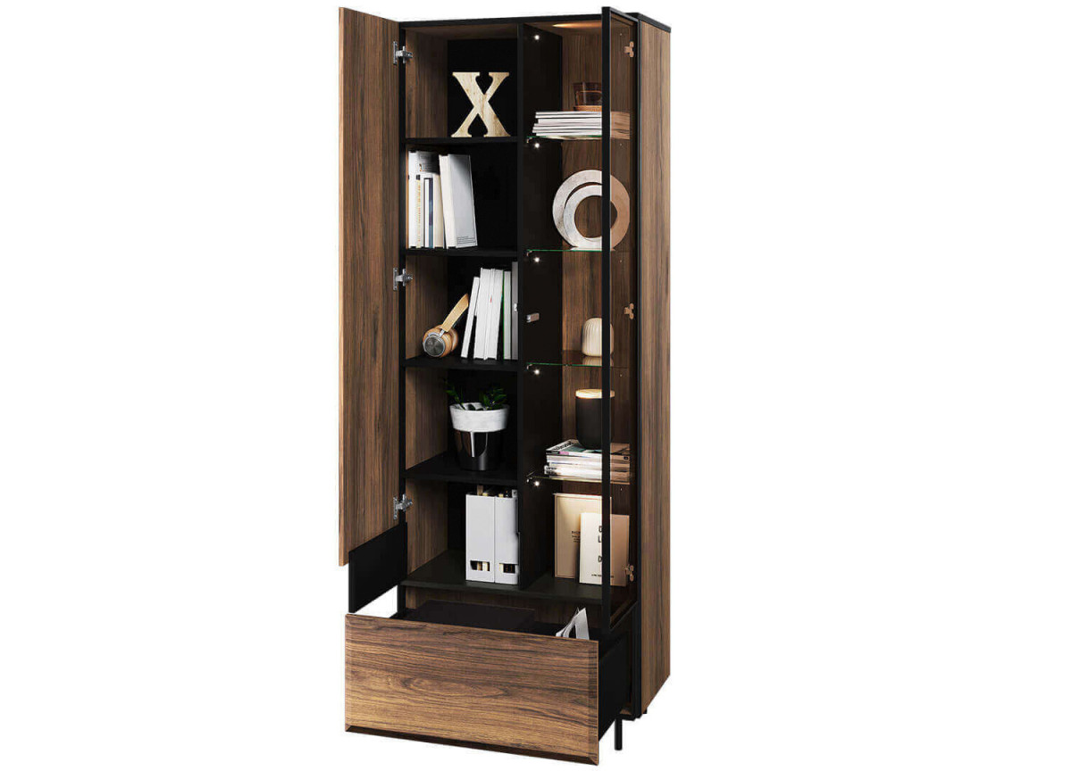 Vitrine haute vitré chêne foncé et noir