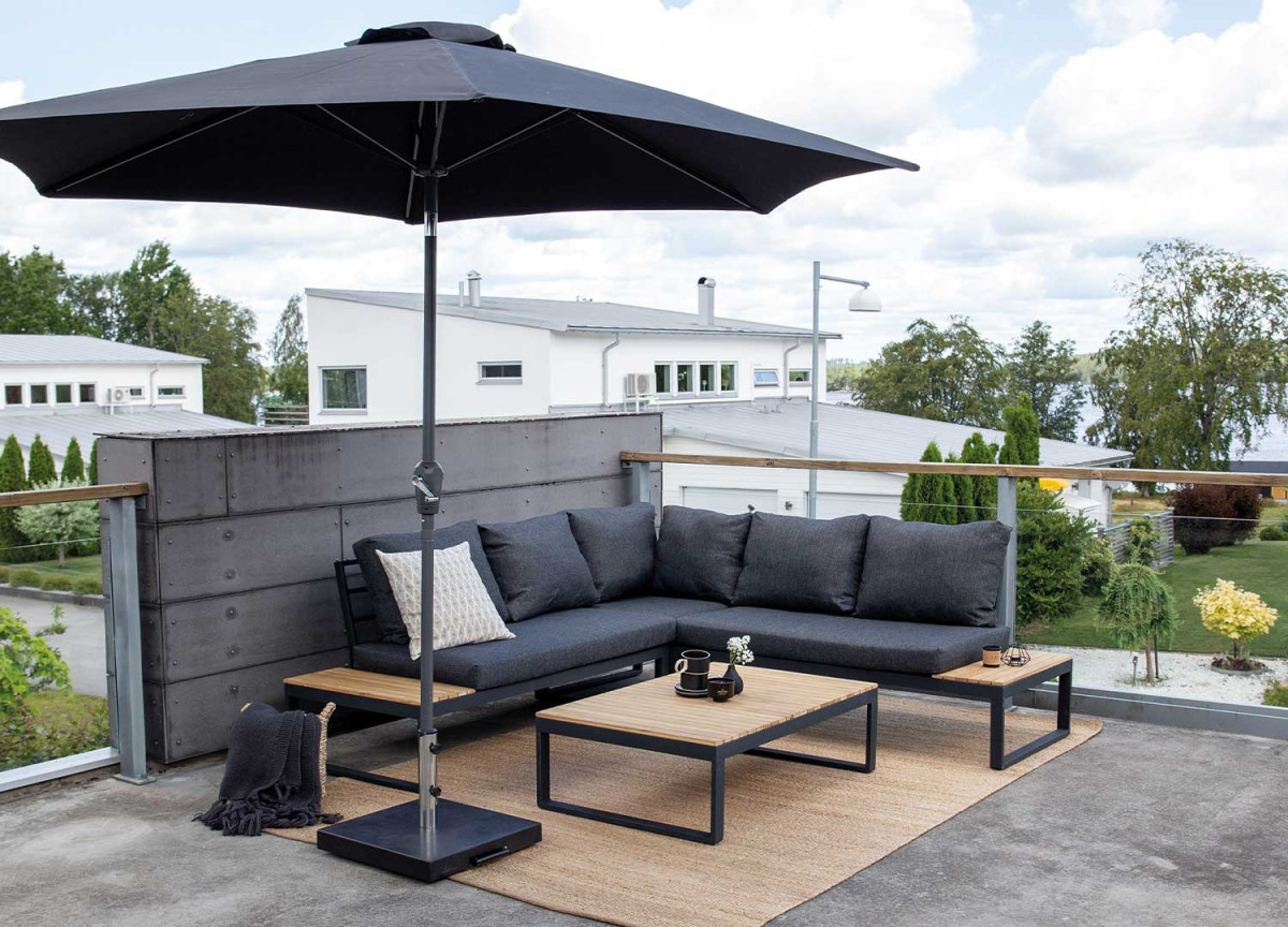 Salon d'angle de jardin contemporain gris, 5 places