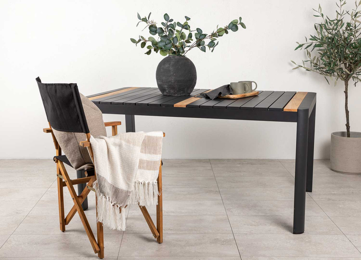 Table de jardin en aluminium noir et bois de teck 150 cm