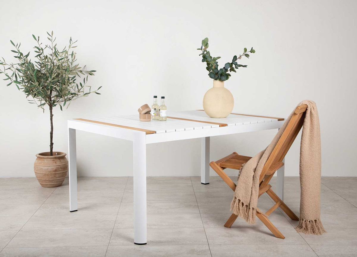 Table de jardin en aluminium blanc et bois de teck 150 cm